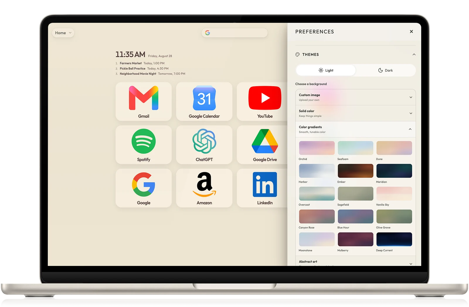 A MacBook showing SpeedGrid's Quiet Cream theme and its theme preferences