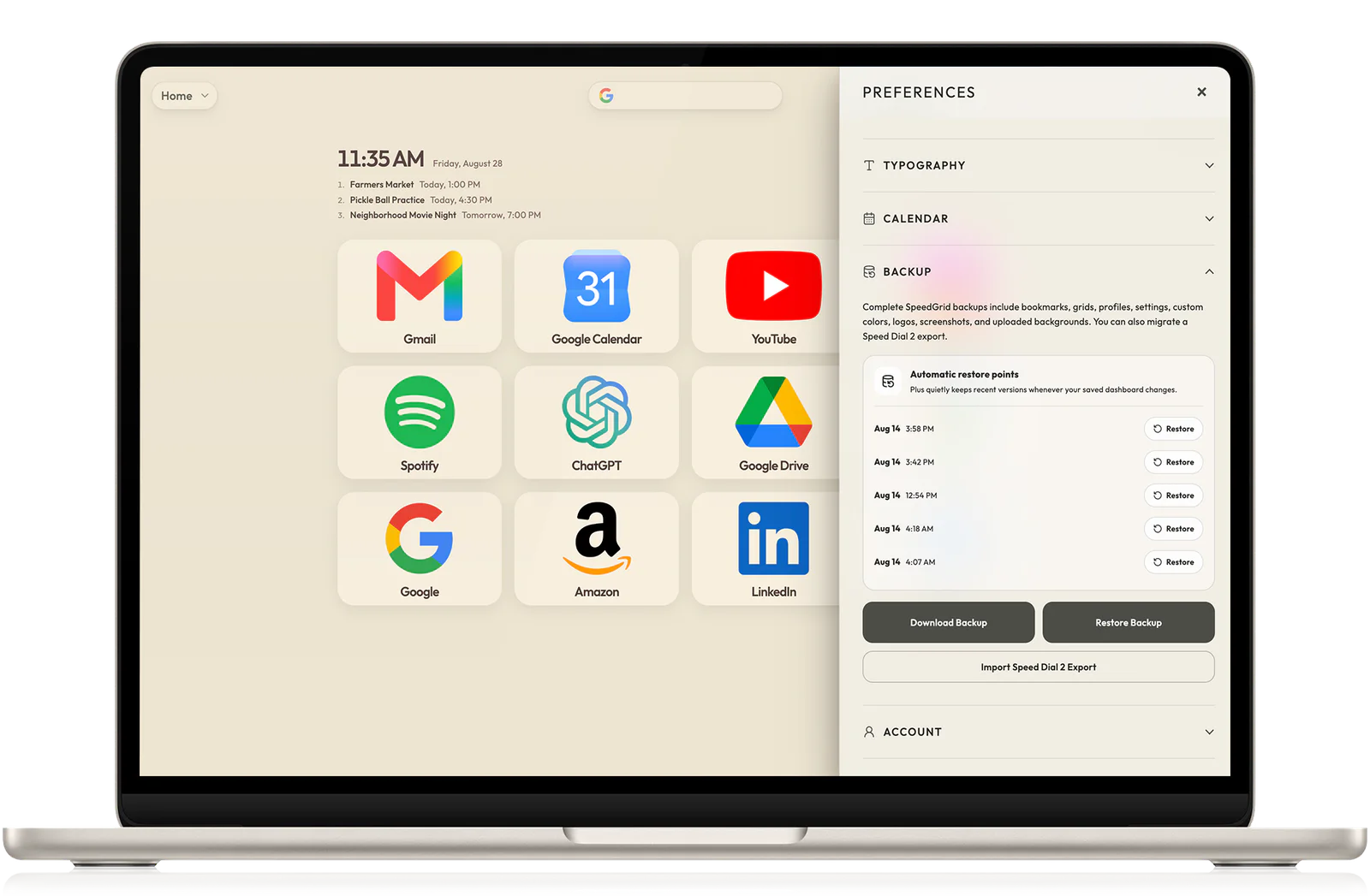 A MacBook showing SpeedGrid's backup settings and Speed Dial 2 import option