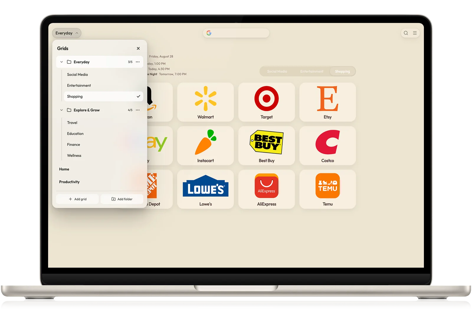 A MacBook showing SpeedGrid's shopping grid alongside its grid and folder organizer